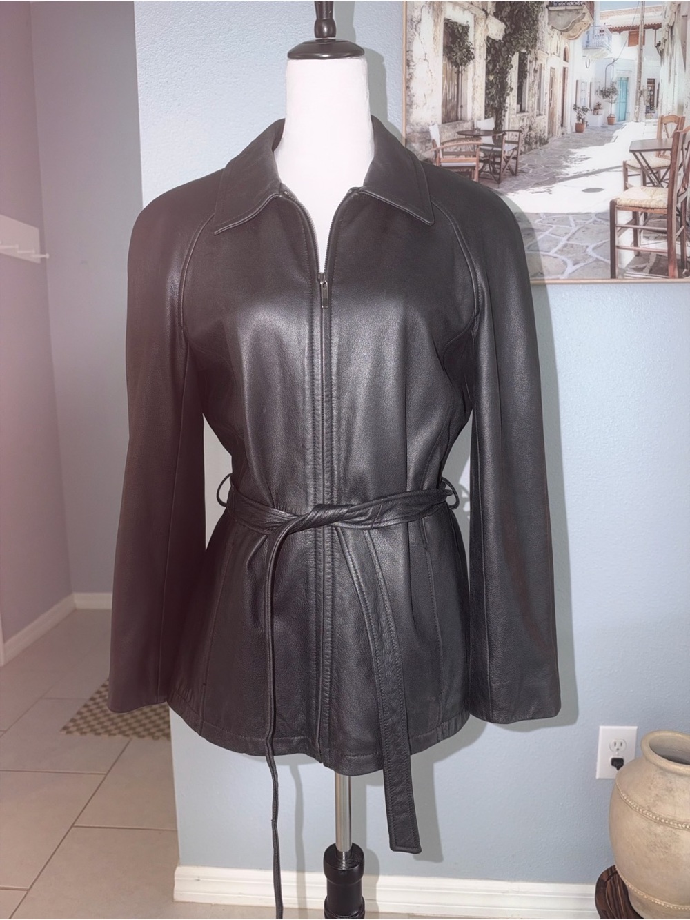WINLIT- Classic Black Leather Belted Leather Jacket